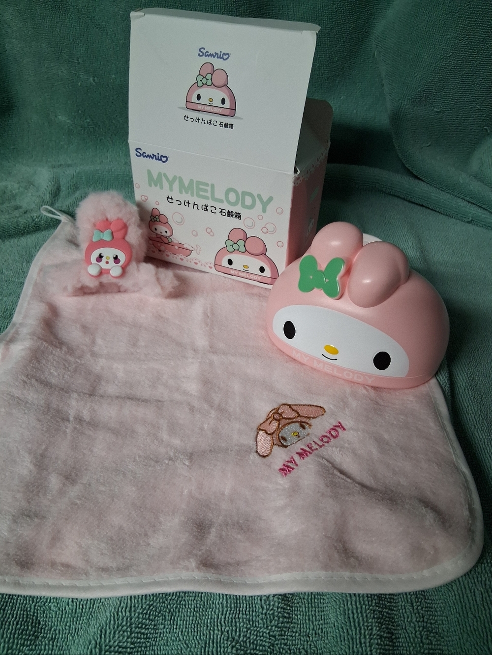 Sanrio My Melody Pink Soap Box, Plush Hairclip & Embroidered Cloth